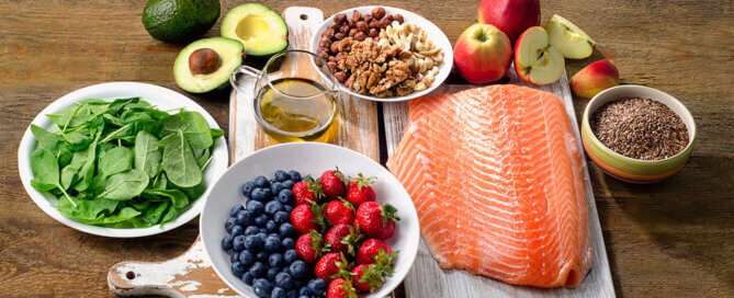 Healthy Food - Fish Fruits Nuts and Vegetables