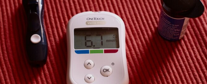A glucometer and test strips