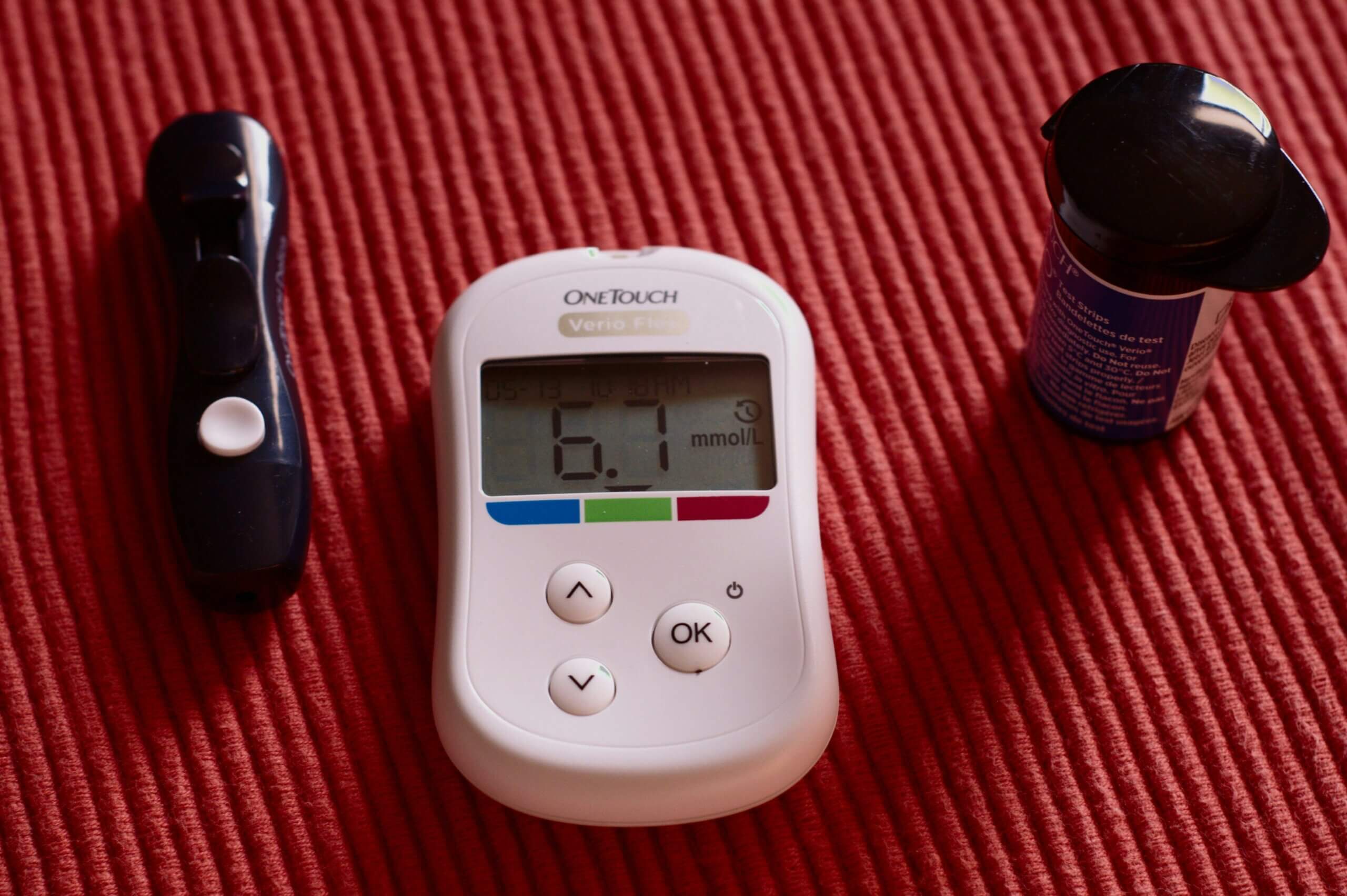 A glucometer and test strips