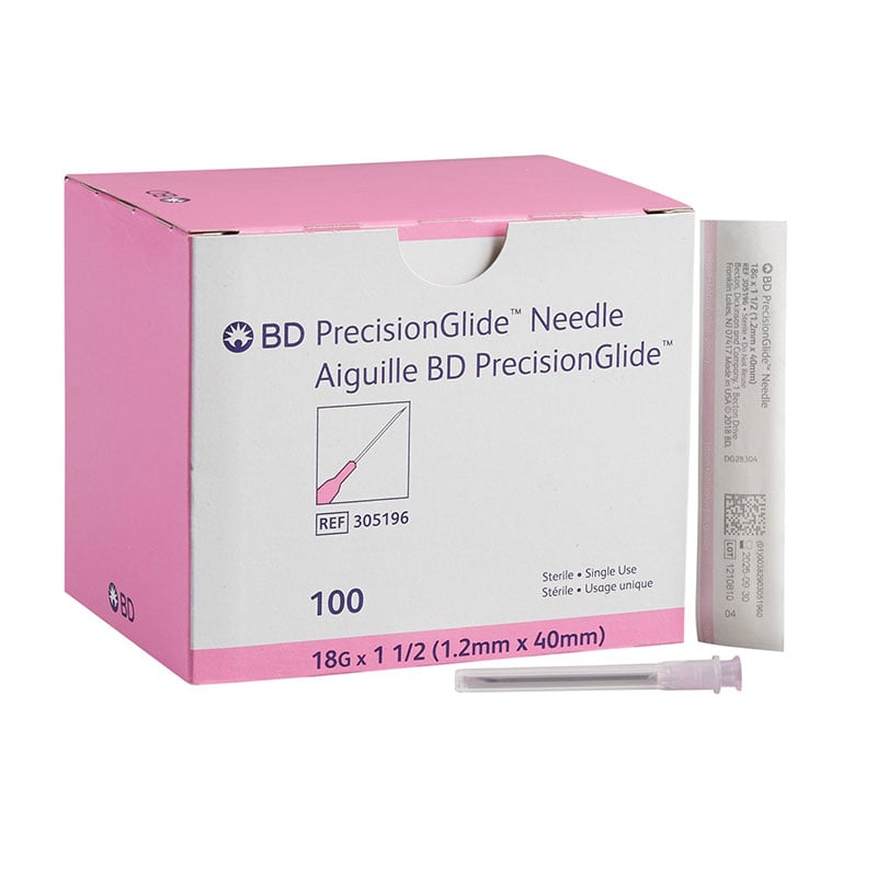 BD General Use Sterile Hypodermic Needle 18 Gauge 1 1/2" Pink 100/bx