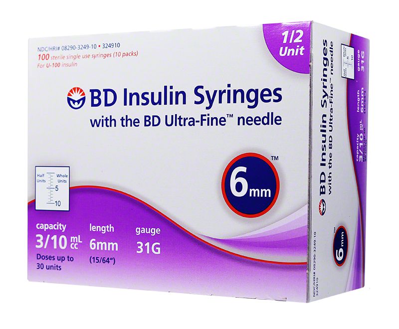BD UltraFine Half Unit Insulin Syringes 31G 3/10cc 6mm 100ct