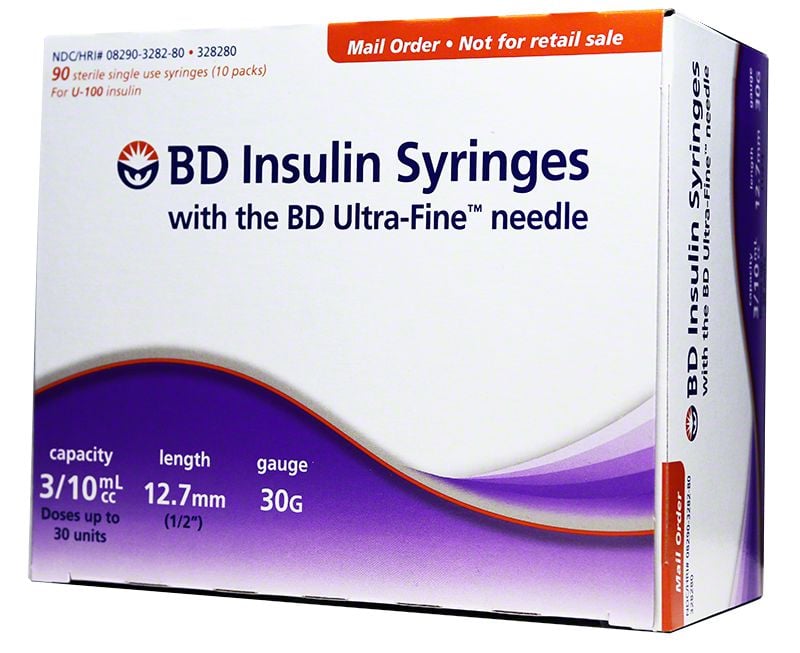 BD Ultra-Fine Syringes 30g 3/10cc 1/2 inch 90ct Case of 5
