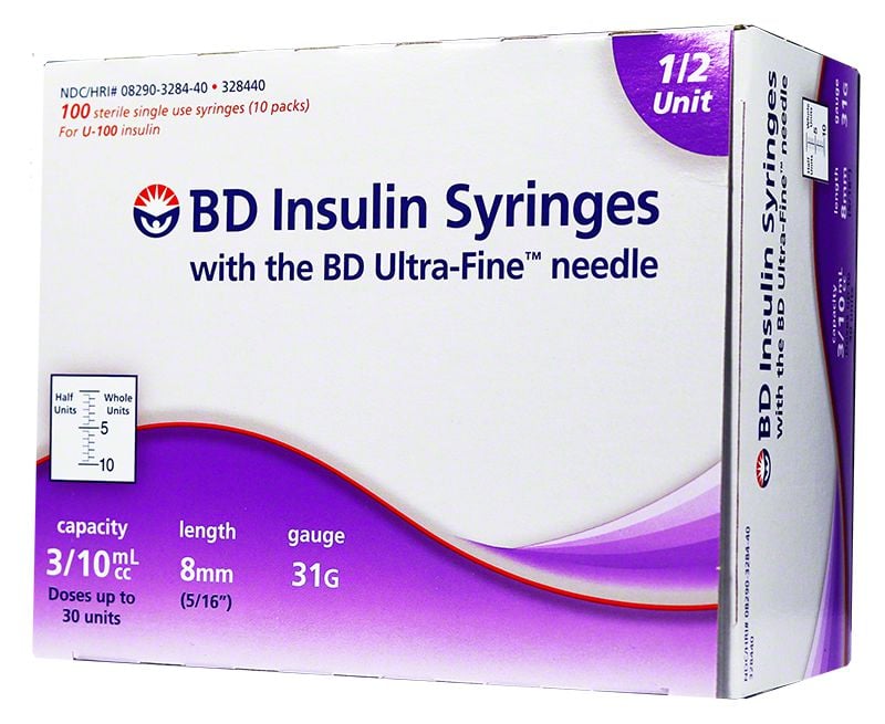 BD Insulin Syringes 31g 8mm 3/10cc 1/2 Unit Markings 100 Count