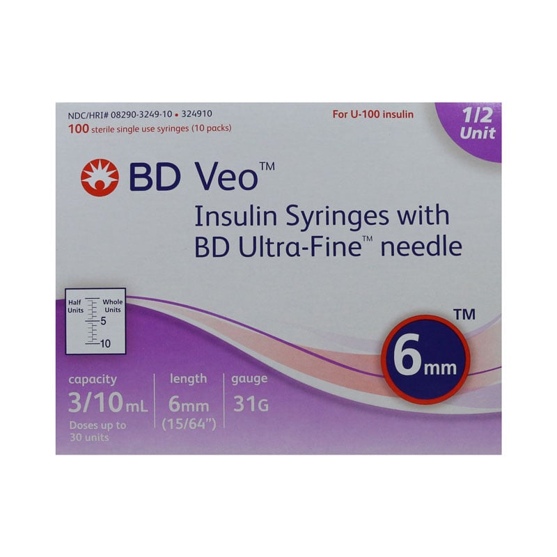 BD Veo Syringes 31g 3/10cc 6mm Half Unit Markings Case of 5
