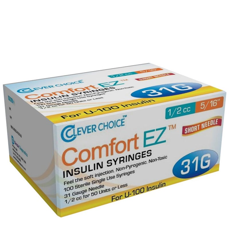 Clever Choice Comfort EZ Insulin Syringes 31G 1/2 cc 5/16 inch Case of 5 Boxes
