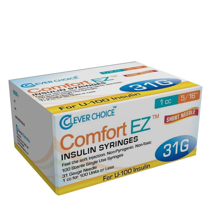 Clever Choice Comfort EZ Insulin Syringes 31G 1 cc 5/16 inch Case of 5 Boxes