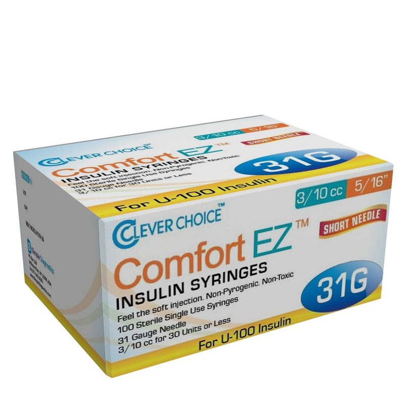 Clever Choice Comfort EZ Insulin Syringes 31G 3/10 cc 5/16 inch Case of 5 Boxes