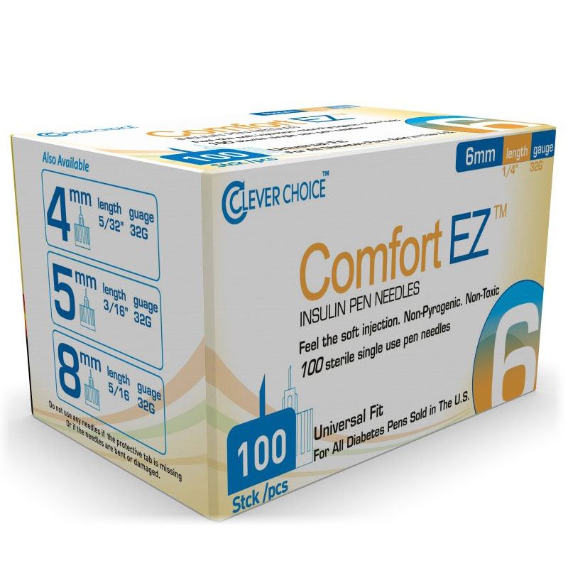 Clever Choice ComfortEZ Insulin Pen Needles 32G 6mm Pack of 6 - Box of 100