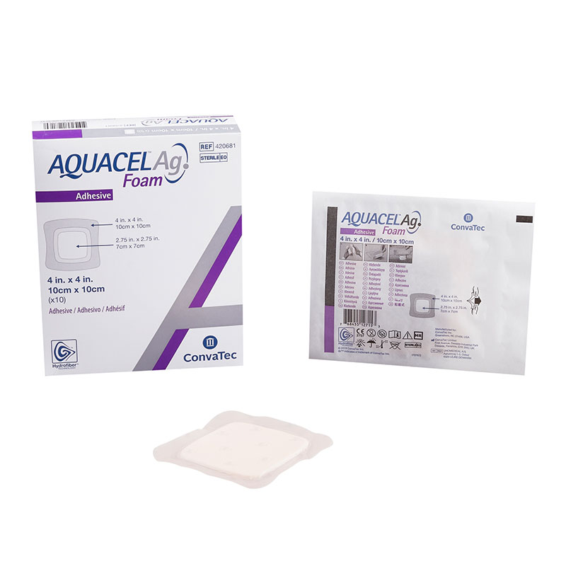 Convatec AQUACEL Ag Foam Adhesive Dressing 4x4 inch Box of 10