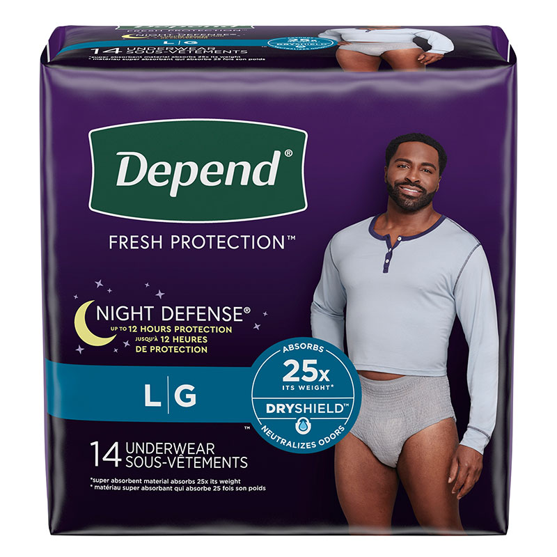 Depend Night Defense Overnight Underwear Grey Male Large Package of 14