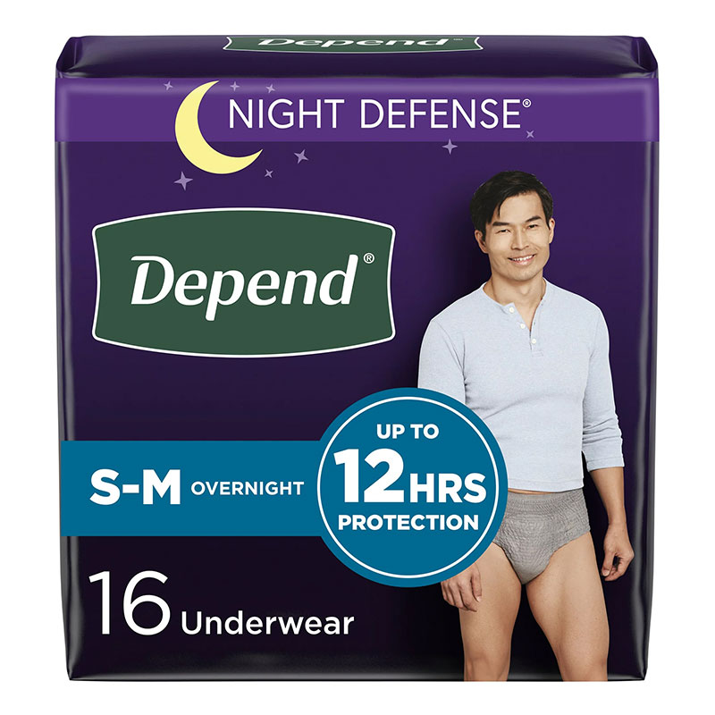 Depend Night Defense Overnight Underwear Grey Male Small/Medium Package of 16