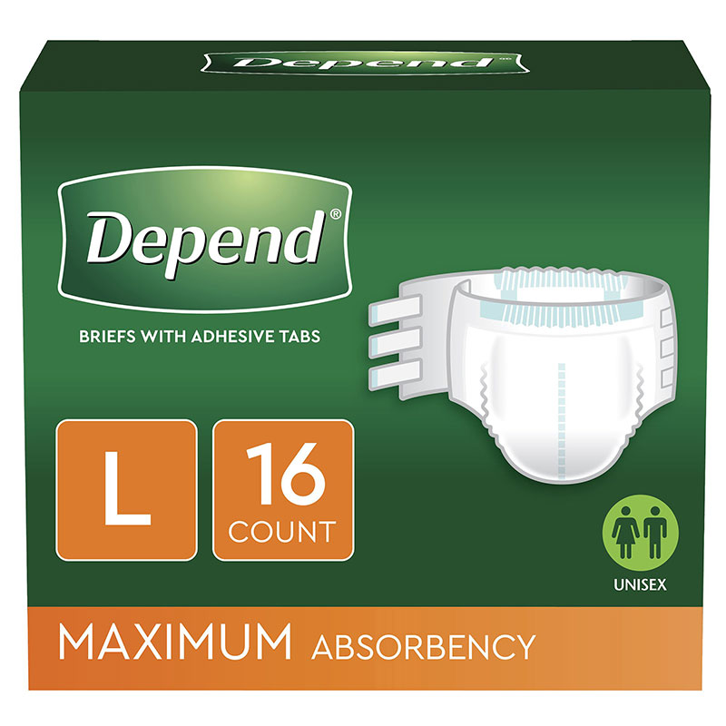 Depends Protection Brief with 4 Tabs Large 35-49 inch Package of 16
