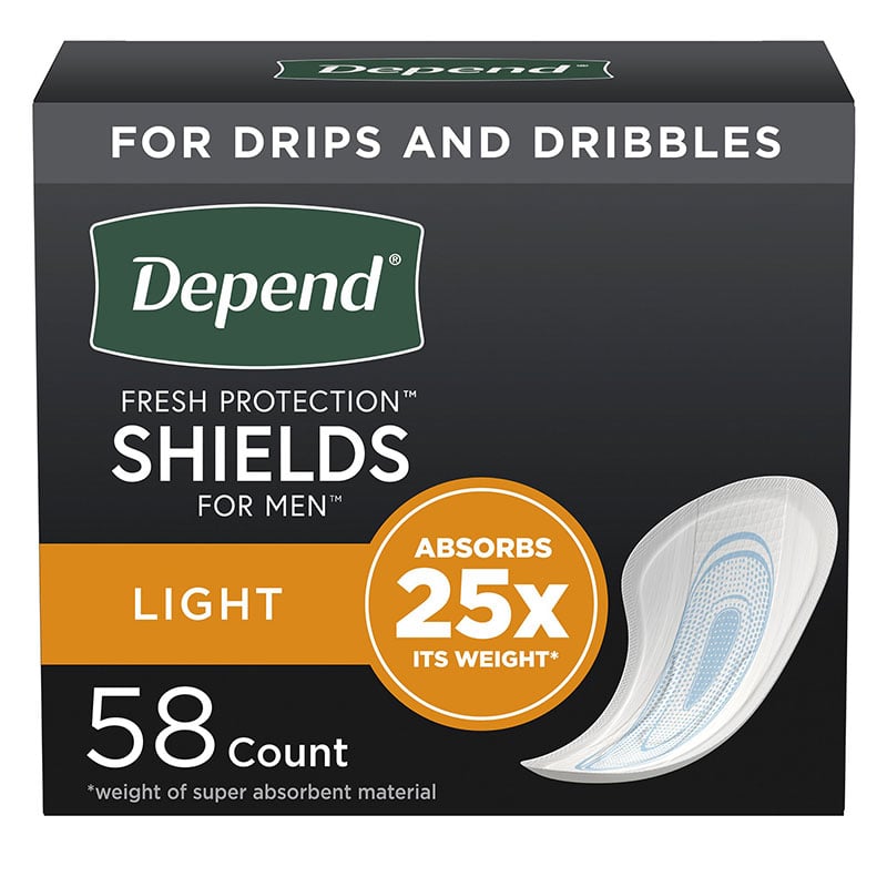 Depend Shields For Men Light Absorbency One Size Fits Most Package of 58