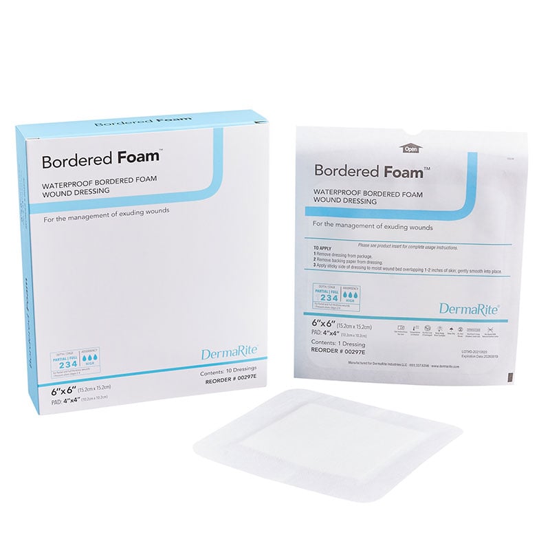 DermaRite Bordered Foam Waterproof Wound Dressing 6x6 inch Box of 10