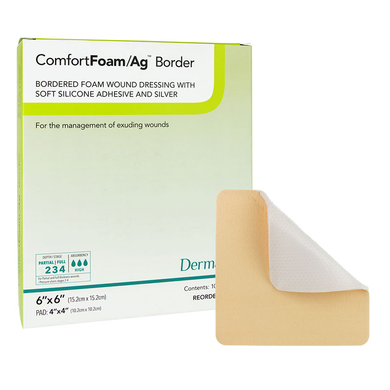 DermaRite ComfortFoam Ag Silicone Foam Border Dressing 6x6 inch Box of 10