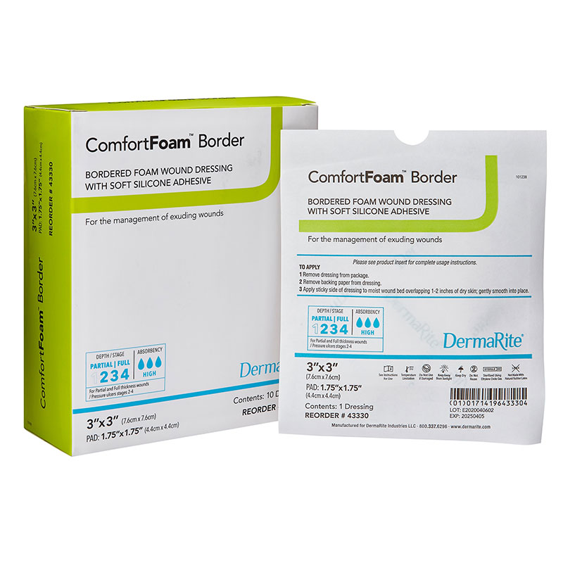 DermaRite ComfortFoam Silicone Foam Border Dressing 3x3 inch Box of 10