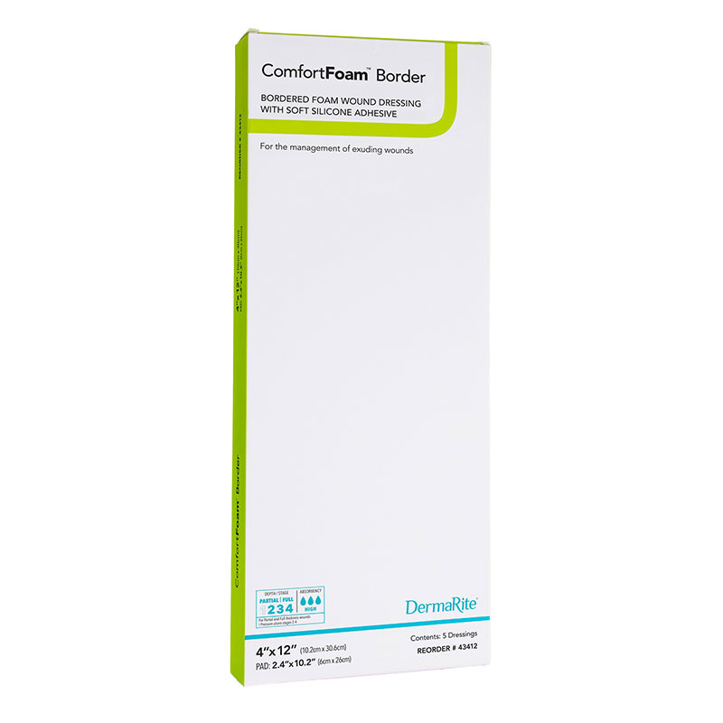DermaRite ComfortFoam Silicone Foam Border Dressing 4x12 inch Box of 5