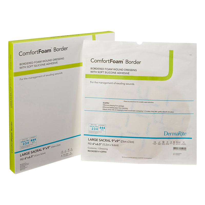 DermaRite ComfortFoam Silicone Sacral Foam Dressing Large 9x9 inch Box of 5
