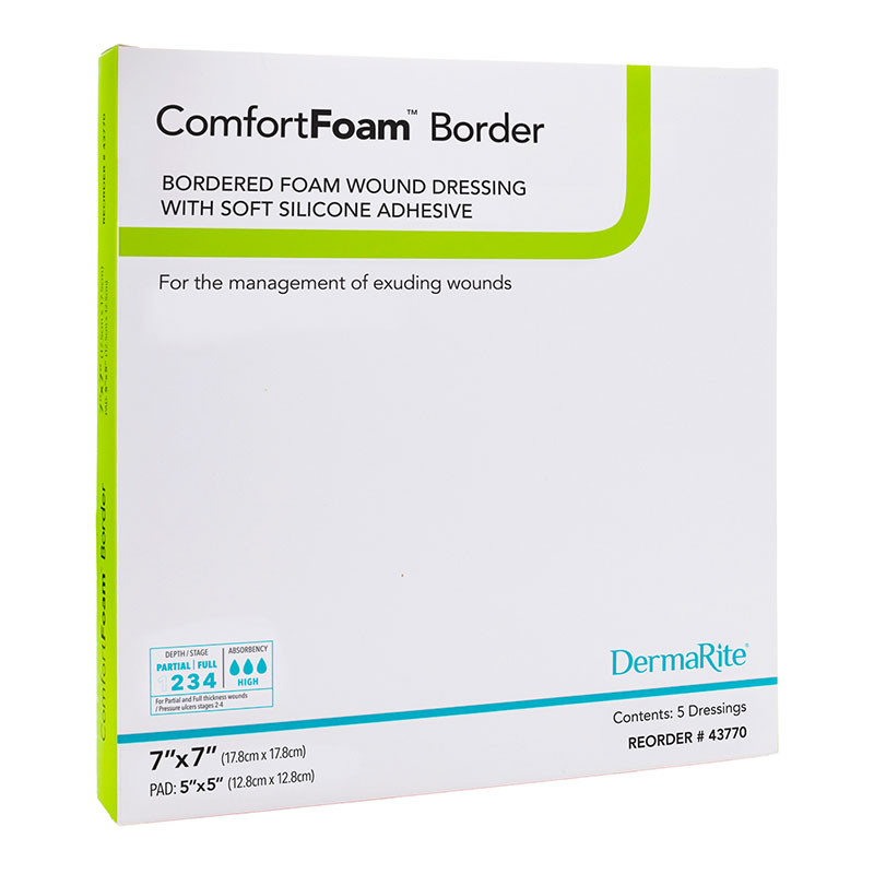 DermaRite ComfortFoam Wound Dressing with Soft Silicone Adhesive 7x7 inch Box of 5