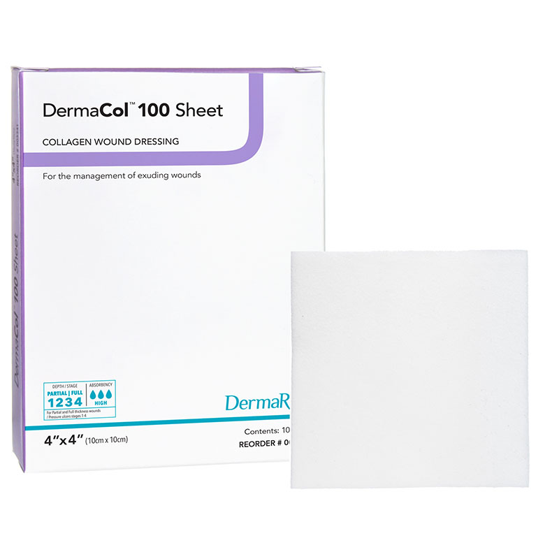 DermaRite DermaCol 100 Sheet 100% Type 1 Bovine Collagen Dressing 4x4 inch Box of 10