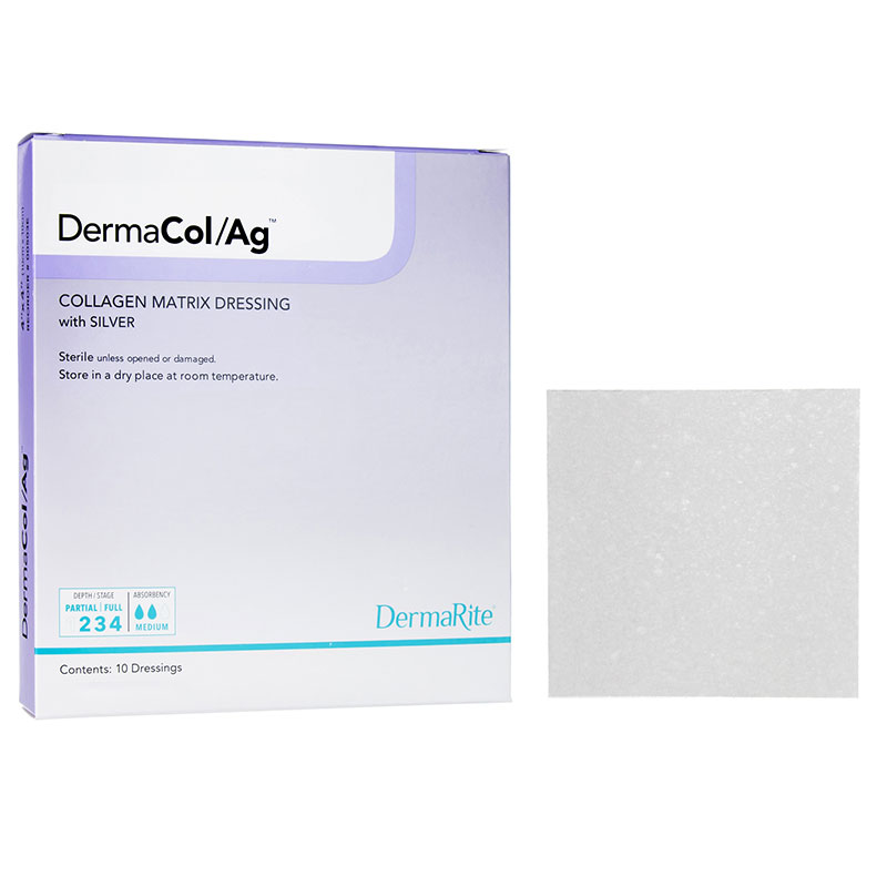 DermaRite DermaCol Ag Collagen Matrix Wound Dressing with Silver 2x2 inch Box of 10