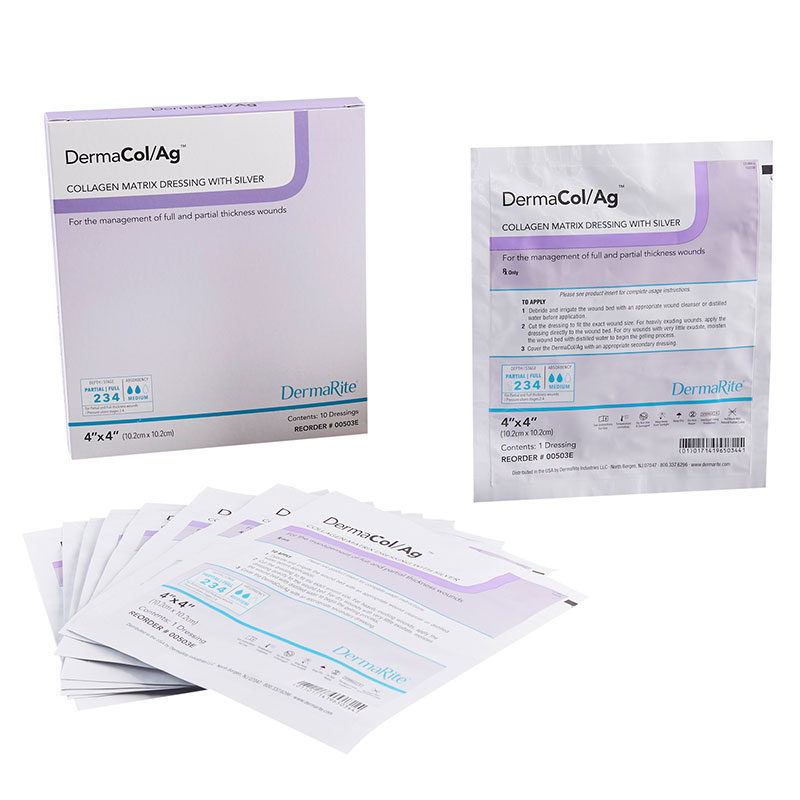 DermaRite DermaCol Ag Collagen Matrix Wound Dressing with Silver 4x4 inch Box of 10