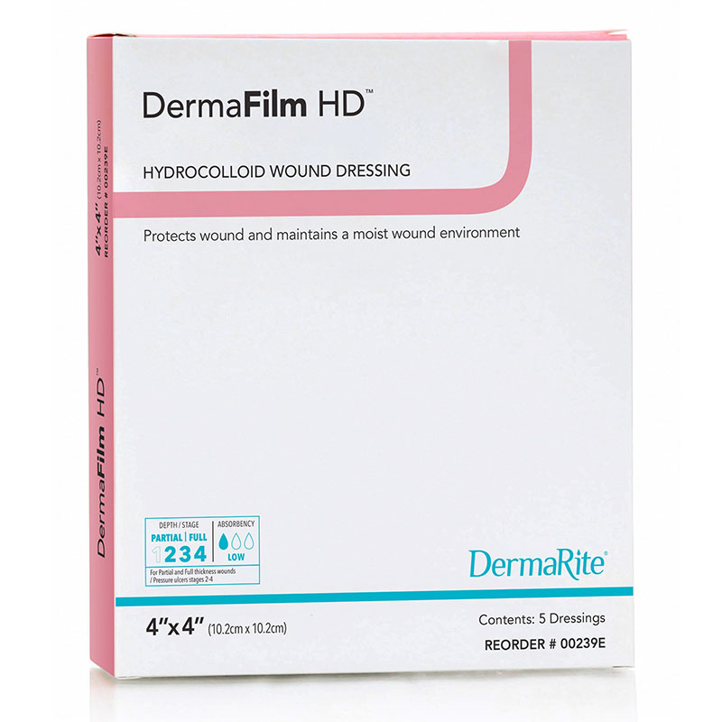 DermaRite DermaFilm HD Hydrocolloid Dressing 4x4 inch Box of 5