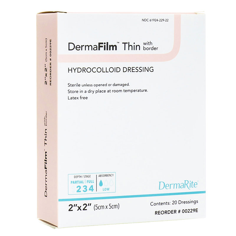 DermaRite DermaFilm Hydrocolloid Wound Dressing Thin with Border 2x2 inch Box of 20