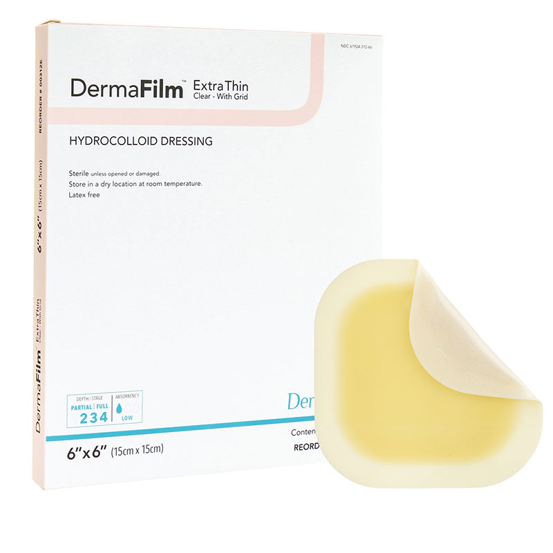 DermaRite DermaFilm Hydrocolloid X-Thin Wound Dressing with Grid 6x6 inch Box of 5