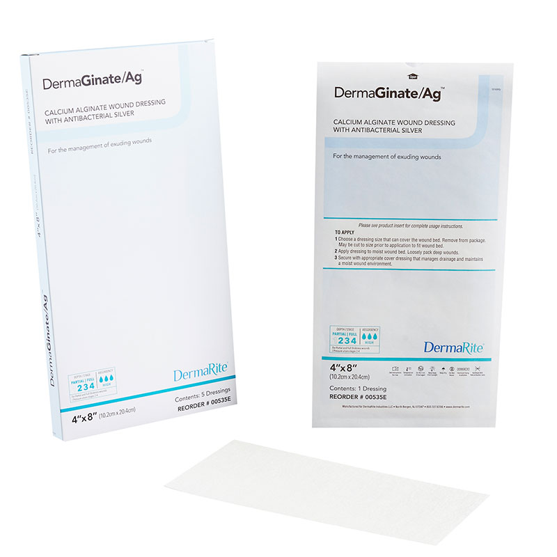 DermaRite DermaGinate Ag Alginate Wound Dressing with Silver 4x8 inch Box of 5