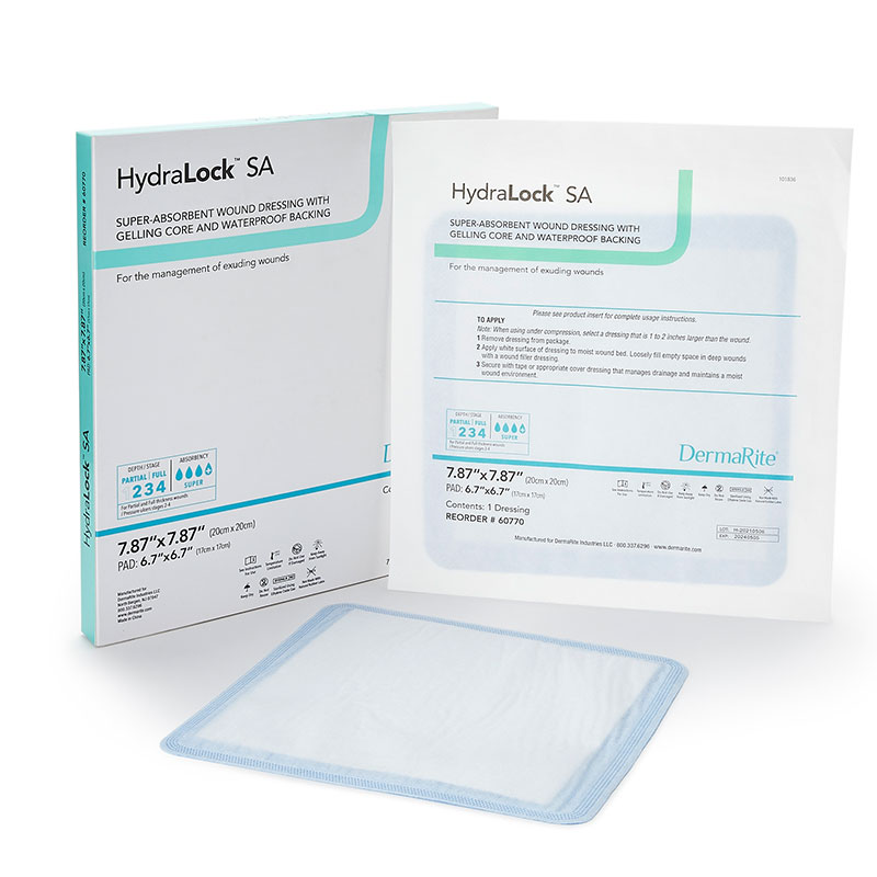 DermaRite HydraLock SA Superabsorbent Dressing 7.87x7.87 inch Box of 10