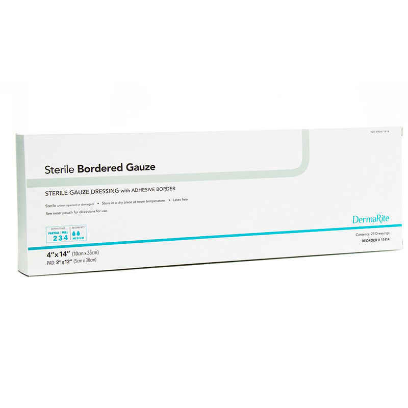 DermaRite Sterile Border Gauze with Adhesive Border 4x14 inch Box of 25