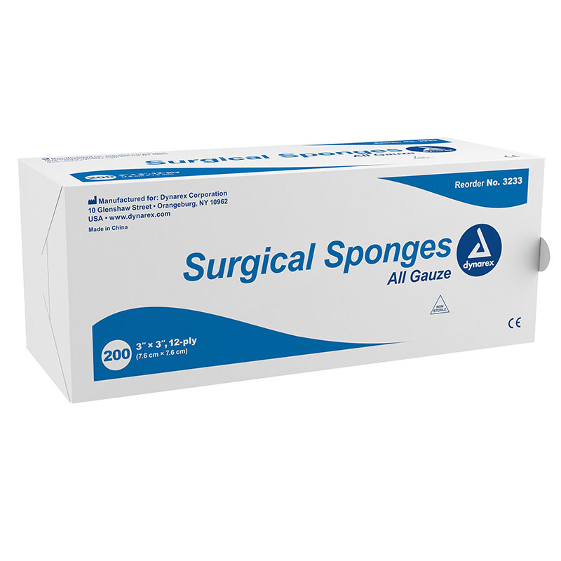Dynarex Non-Sterile Surgical Gauze Sponge 3x3 inch 12-Ply Pack of 200