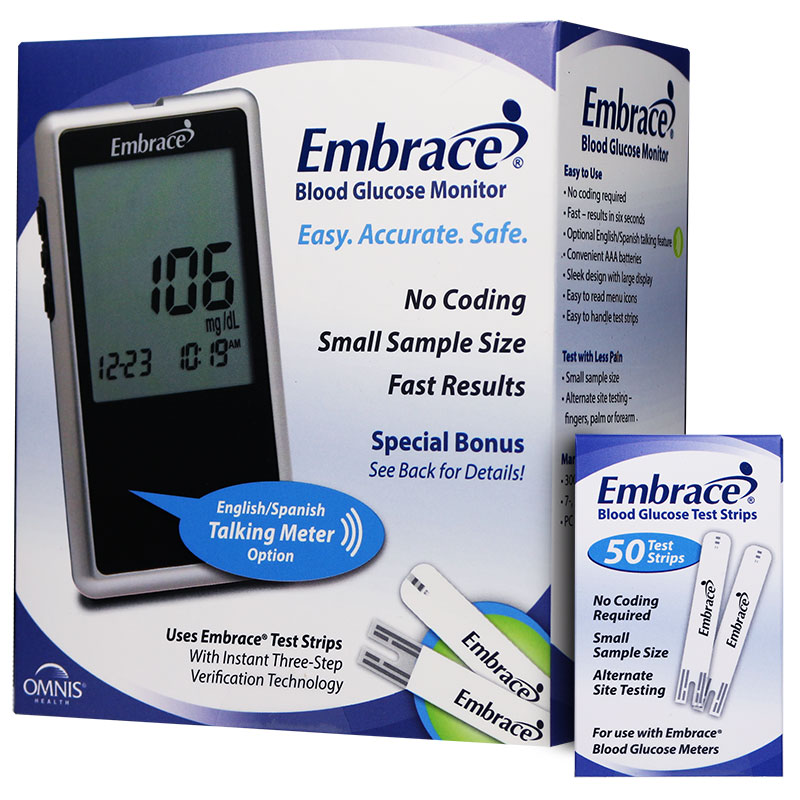 Embrace NoCode Talking Meter Kit w/50 Test Strips Glucose Meter