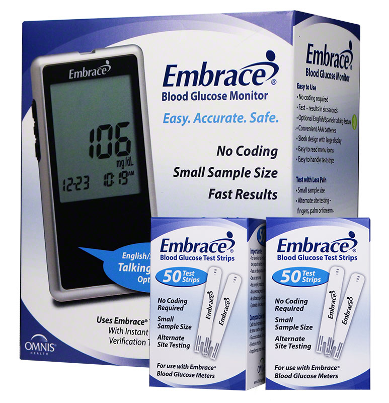 Embrace Blood Glucose Test Strips 50/bx Case of 96 w/28 FREE Meters