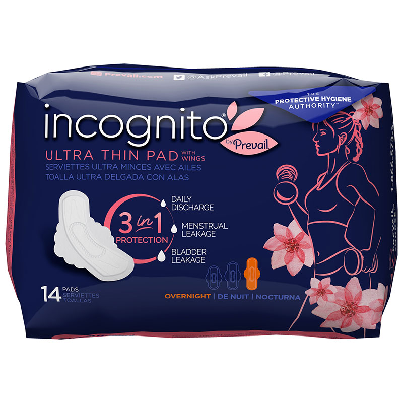 First Quality Incognito by Prevail 3-IN-1 Feminine Pad Overnight Ultra Thin Pad Package of 14