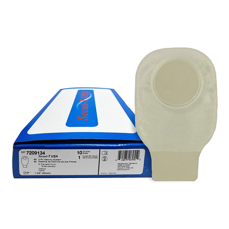 Genairex Securi-T USA 9 inch Drainable Pouch Opaque 1 Curved Tail Closure 1.75 inch Flange Box of 10
