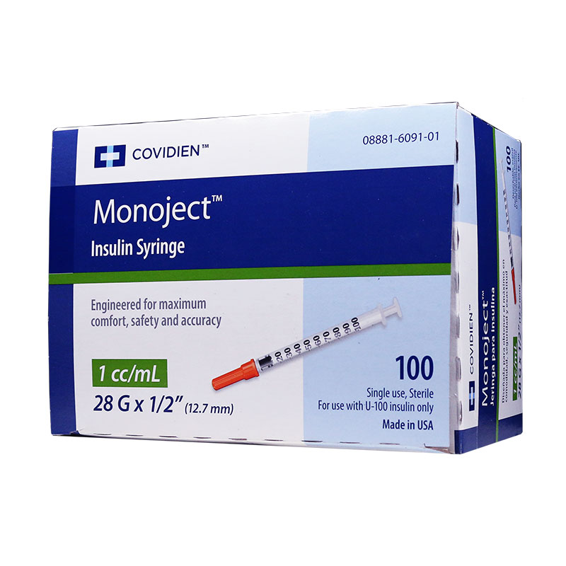 Monoject Insulin Syringes 28G 1cc 1/2 Inch Box 100 ADW Diabetes