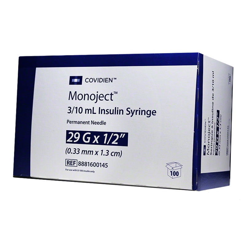 Monoject Ultra Comfort U-100 Insulin Syringes 29G 3/10cc 1/2 inch 100/bx