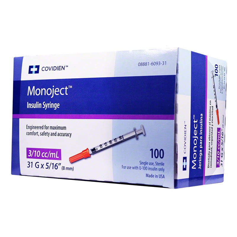 Monoject Ultra Comfort 31g Syringes Half-Unit 5/16 inch 3/10cc 100ct