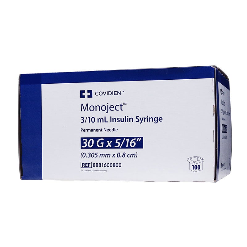 Monoject Ultra Comfort U-100 Insulin Syringes 30G 3/10cc 5/16 inch 100/bx 1/2 unit