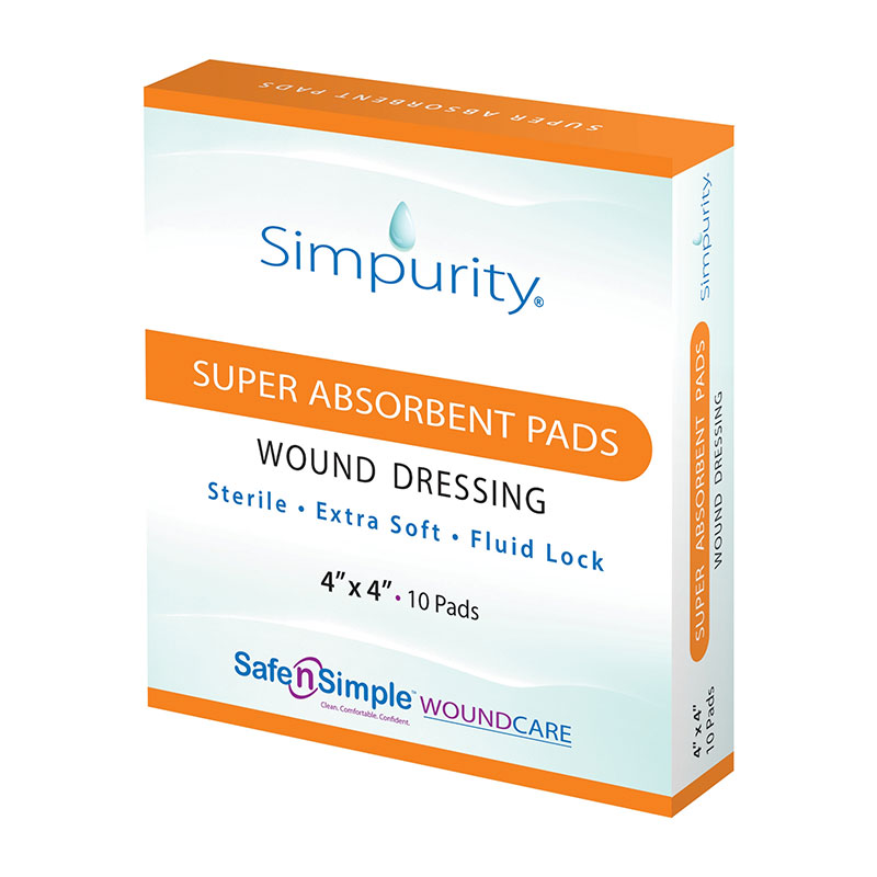 Safe N Simple Simpurity Super Absorbent Pad Wound Dressing 4x4 inch Box of 10