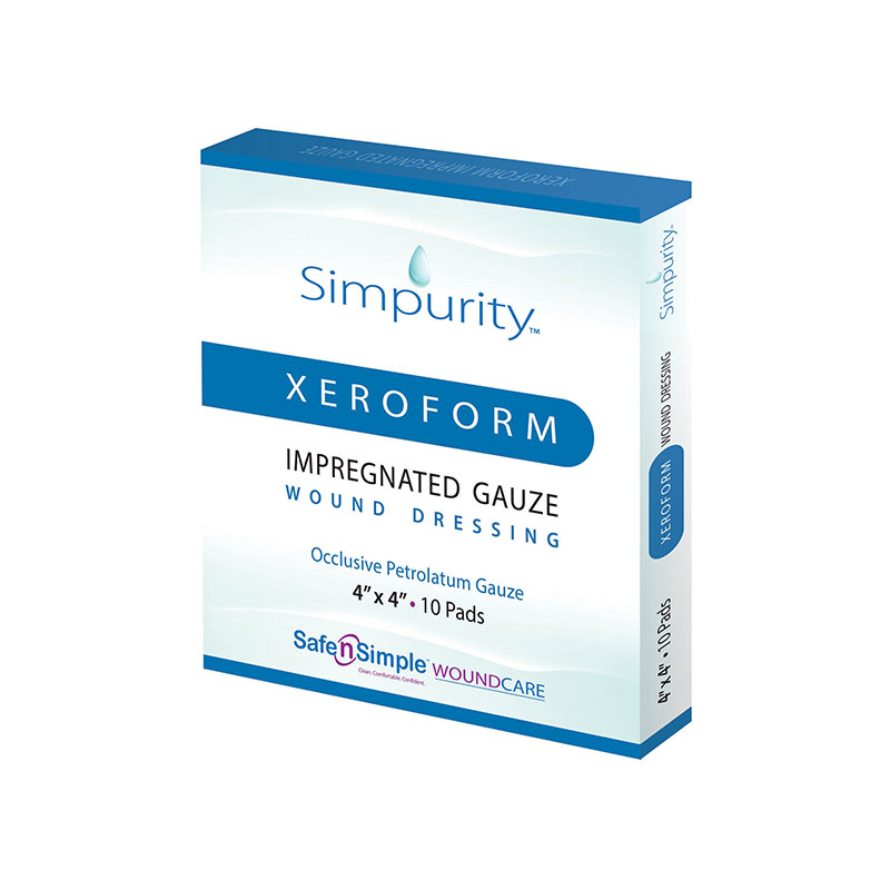 Safe N Simple Simpurity Xeroform Petrolatum Gauze Wound Dressing 4x4 inch Box of 10