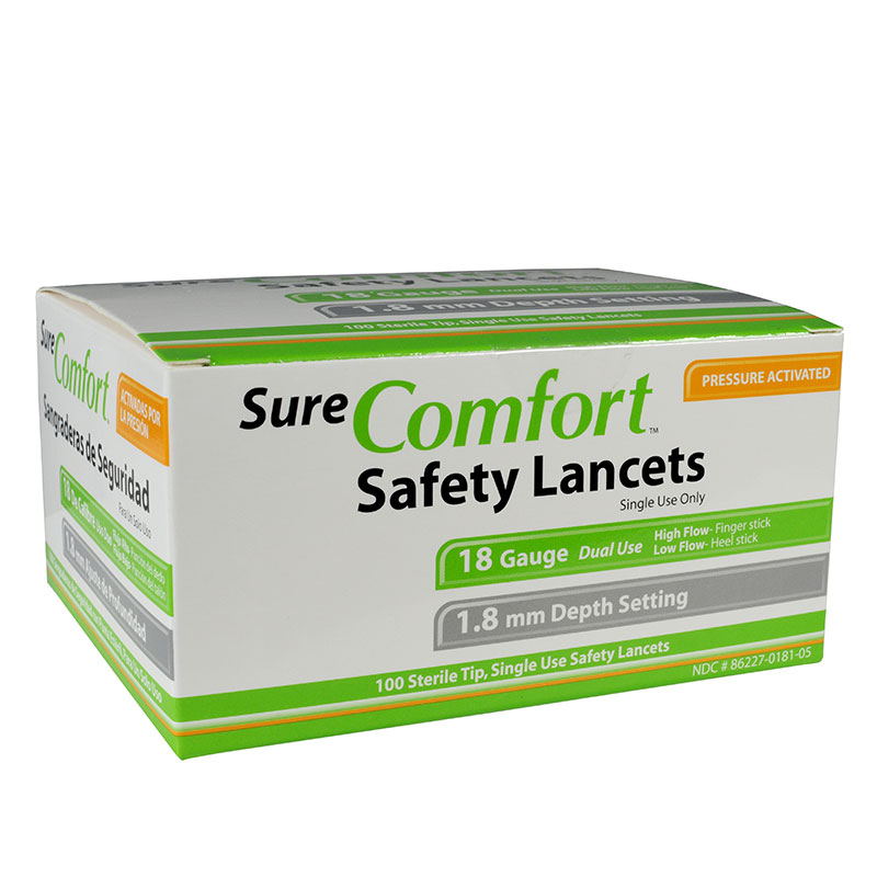 Sure Comfort 18G Safety Lancets 1.8mm Depth 100 per Box ADW Diabetes