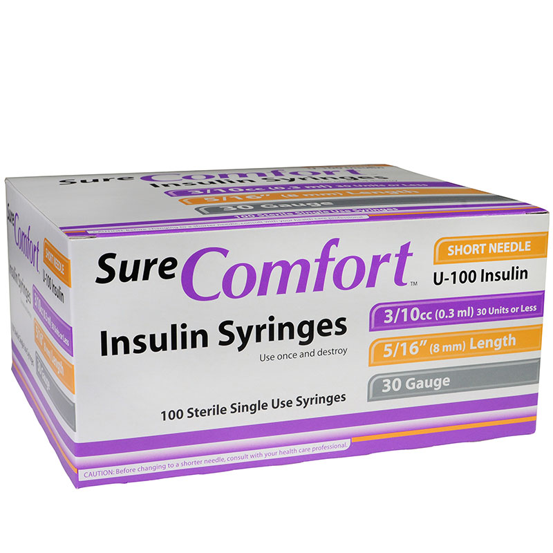 SureComfort U-100 Insulin Syringes 30G 3/10cc 5/16 inch 100/bx
