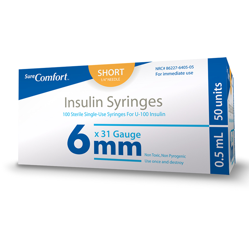 SureComfort U-100 Syringes 31 Gauge 1/2cc 1/4 inch - Case of 5
