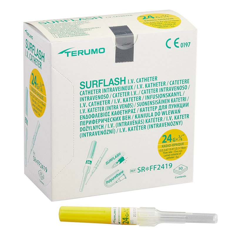 Terumo Peripheral IV Catheter SurFlash 24G 3/4 inch Straight Hub Needle Box of 50
