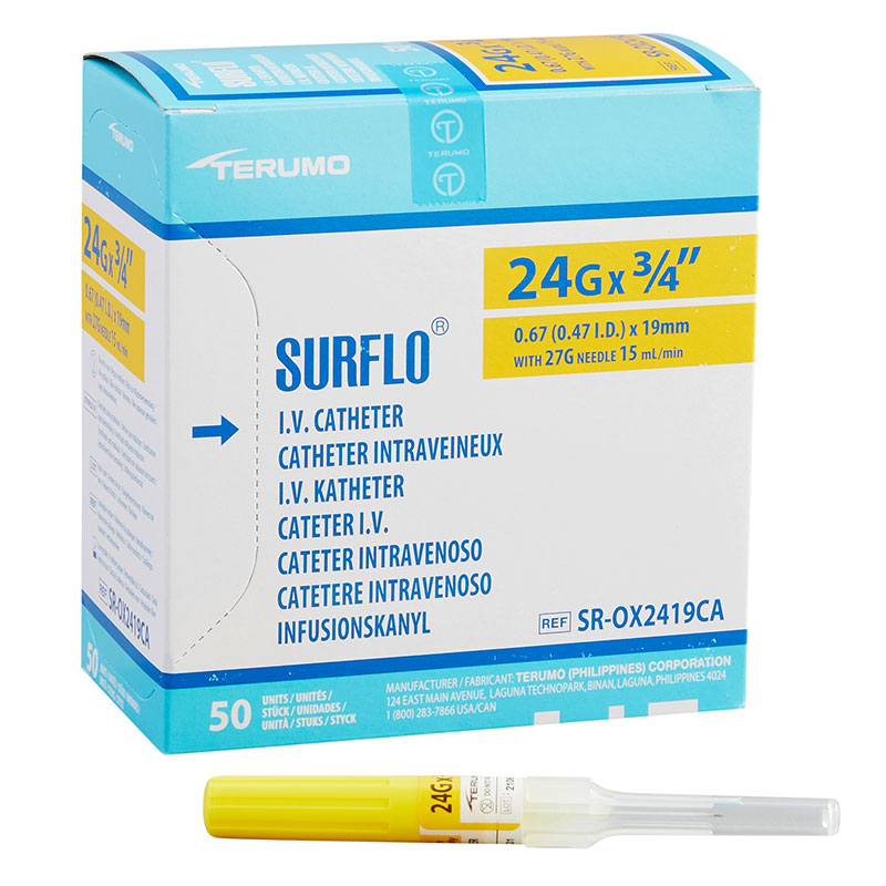 Terumo Peripheral IV Catheter Surflo 24G 3/4 inch ETFE Straight Hub Needle Box of 50