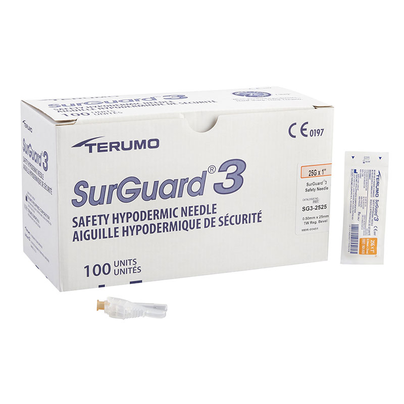 Terumo Safety Hypodermic Needle SurGuard3 1 inch 25G Hinged Safety Needle Box of 100