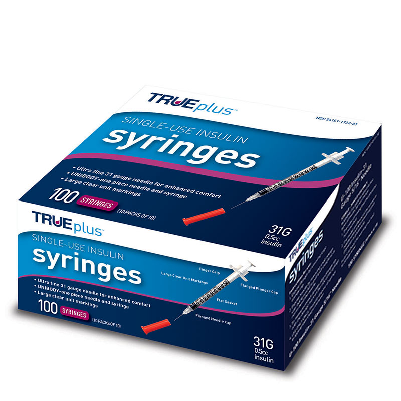 TRUEplus U100 Insulin Syringes 31G 1/2cc 5/16" 100/box Insulin Syringes